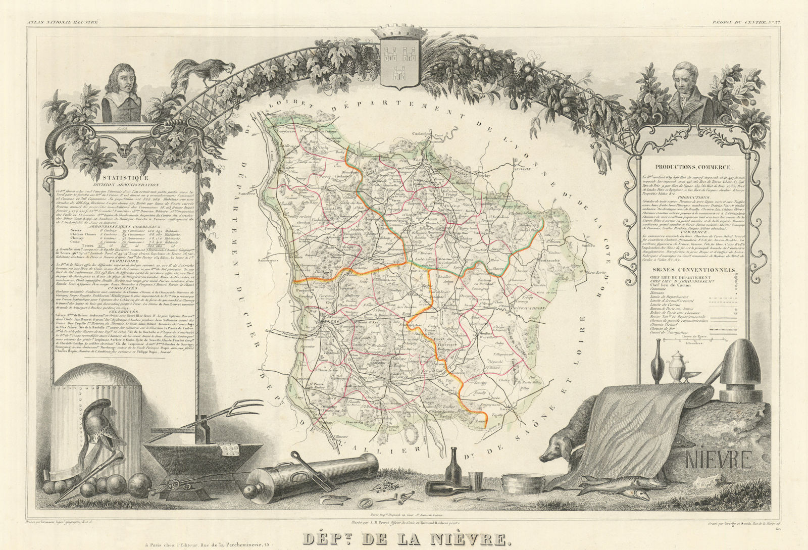 Département de la NIÈVRE. Decorative antique map/carte by Victor LEVASSEUR 1856