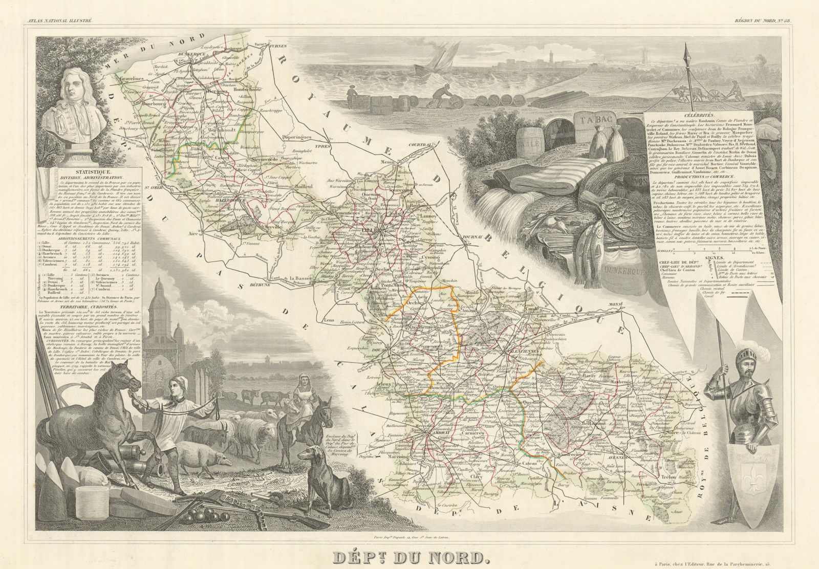Associate Product Département du NORD. Decorative antique map/carte by Victor LEVASSEUR 1856