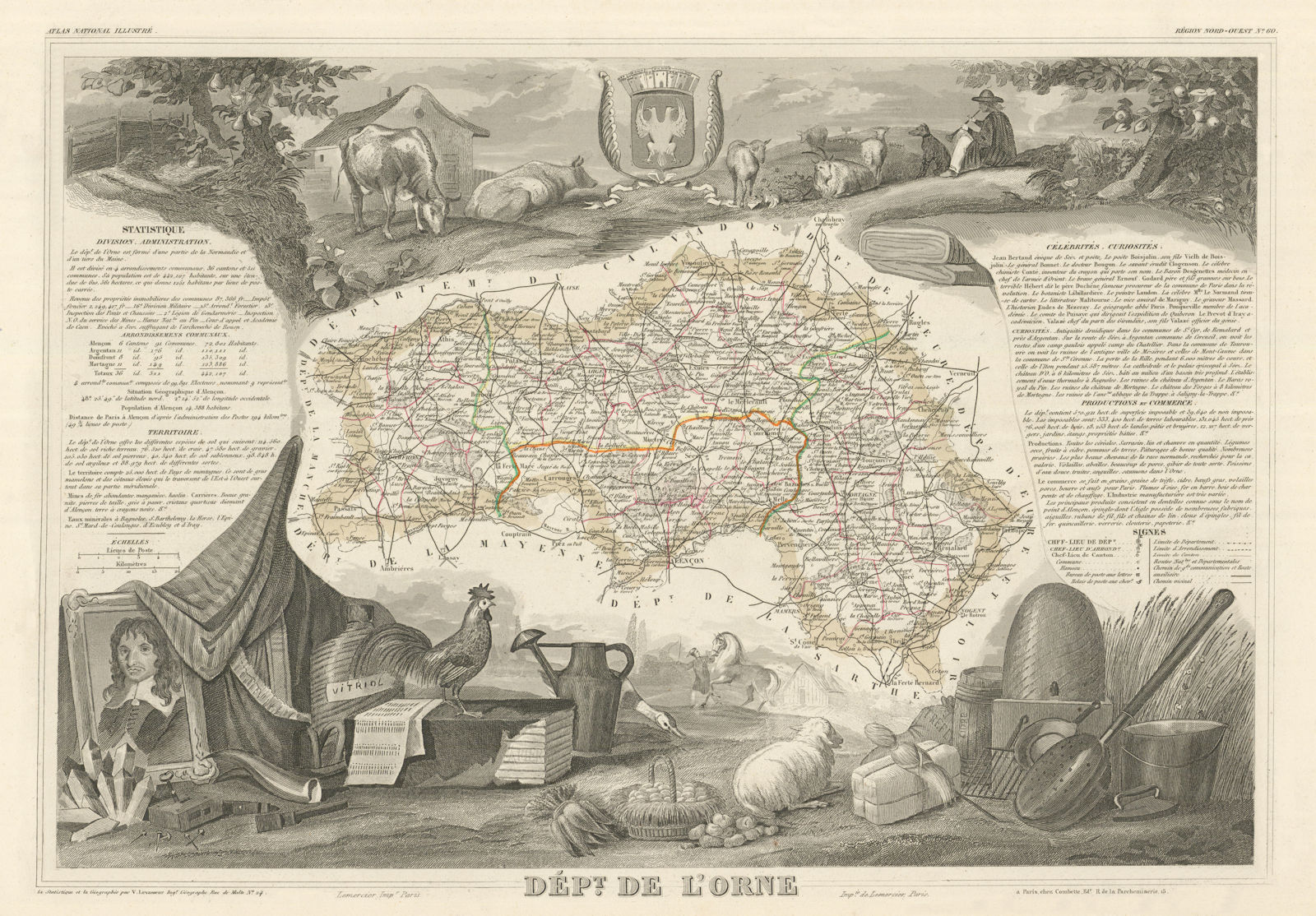 Département de l'ORNE. Decorative antique map/carte by Victor LEVASSEUR 1856