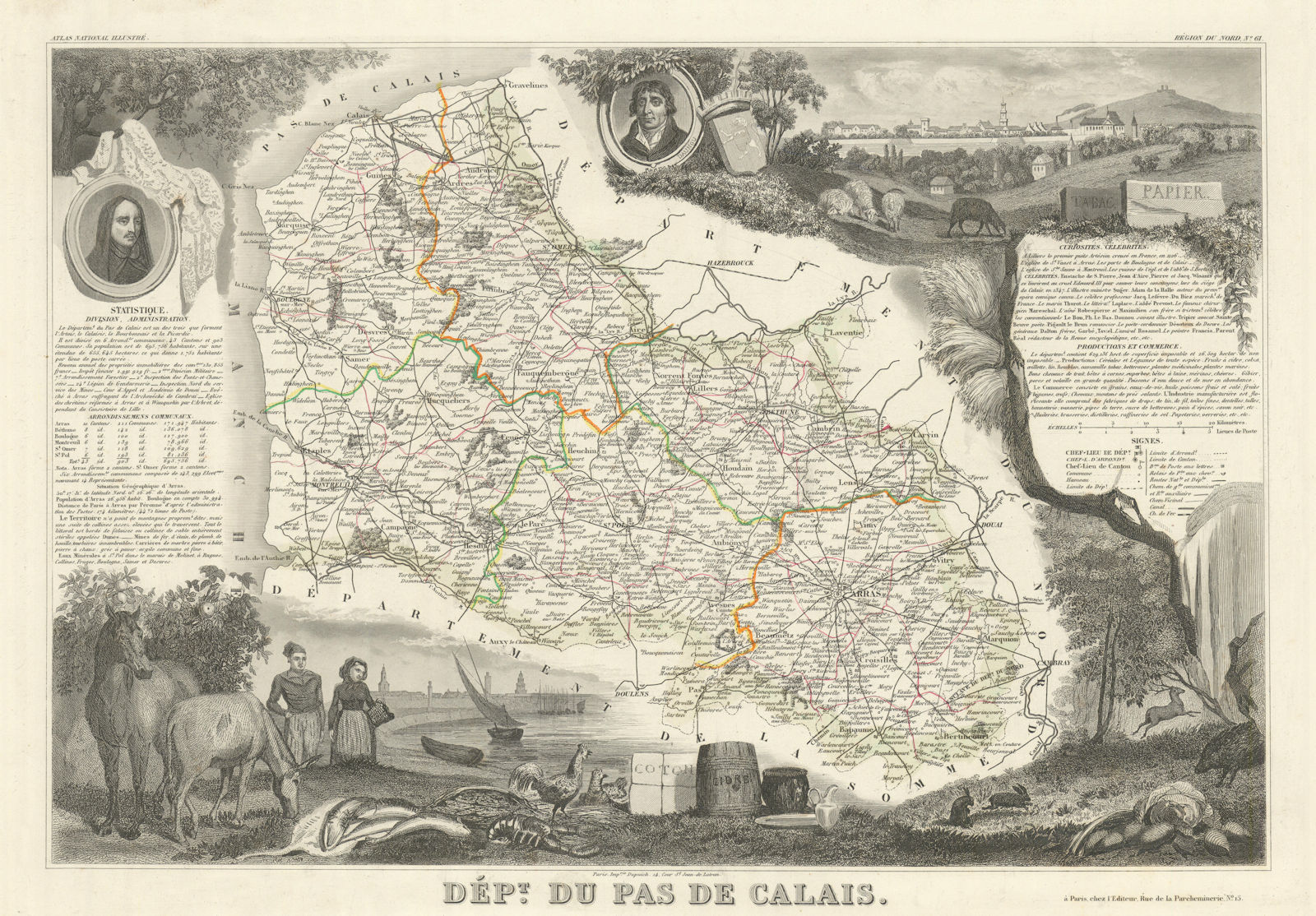 Département du PAS-DE-CALAIS. Decorative antique map/carte. LEVASSEUR 1856