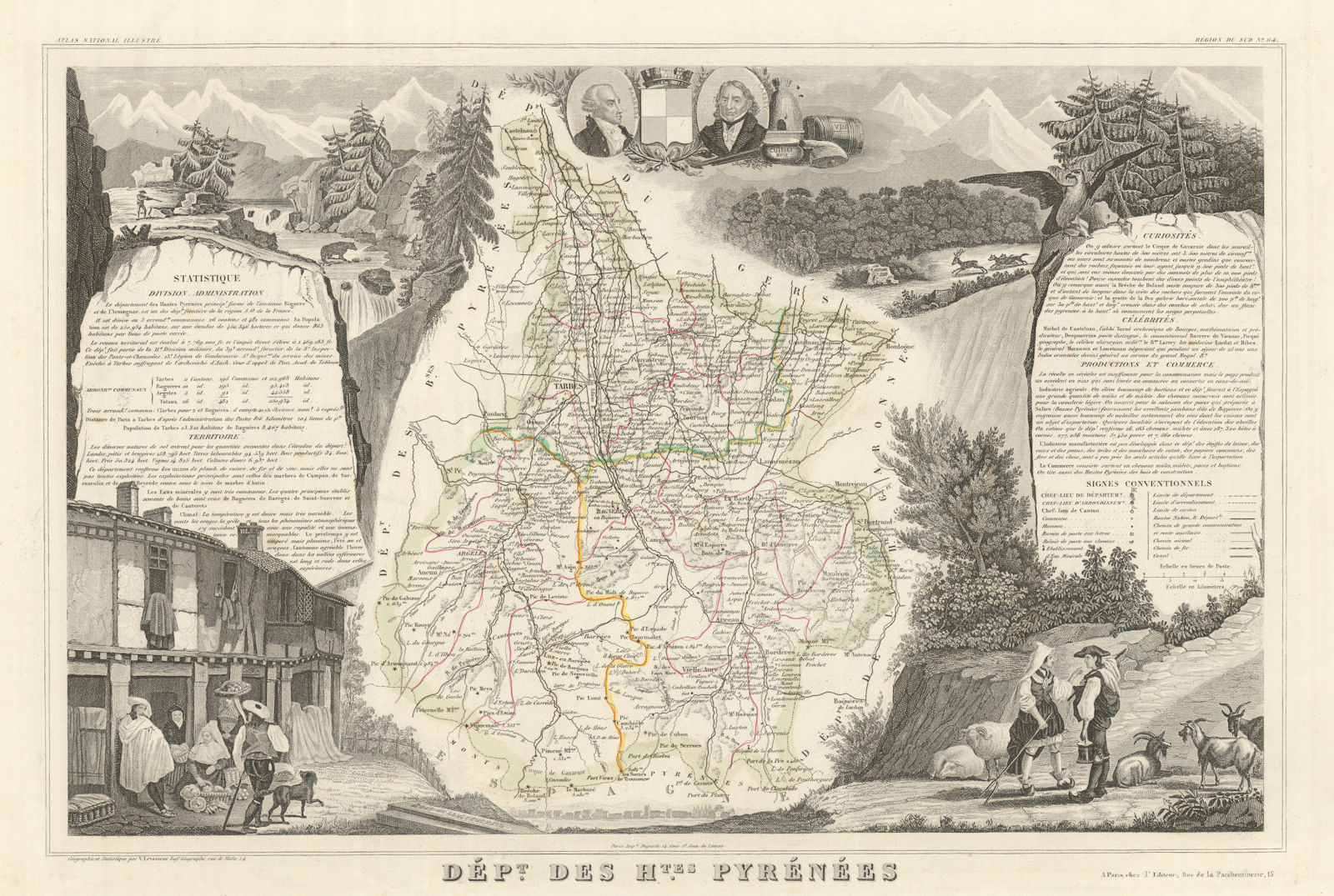 Département des HAUTES-PYRÉNÉES. Decorative antique map/carte. LEVASSEUR 1856