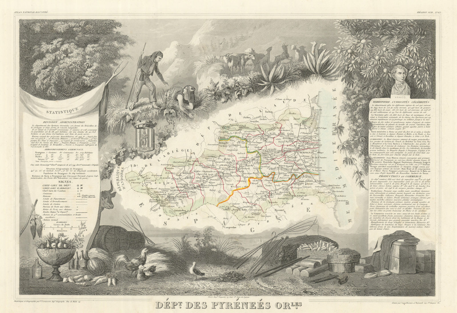 Département des PYRÉNÉES-ORIENTALES. Antique map/carte. LEVASSEUR 1856 old