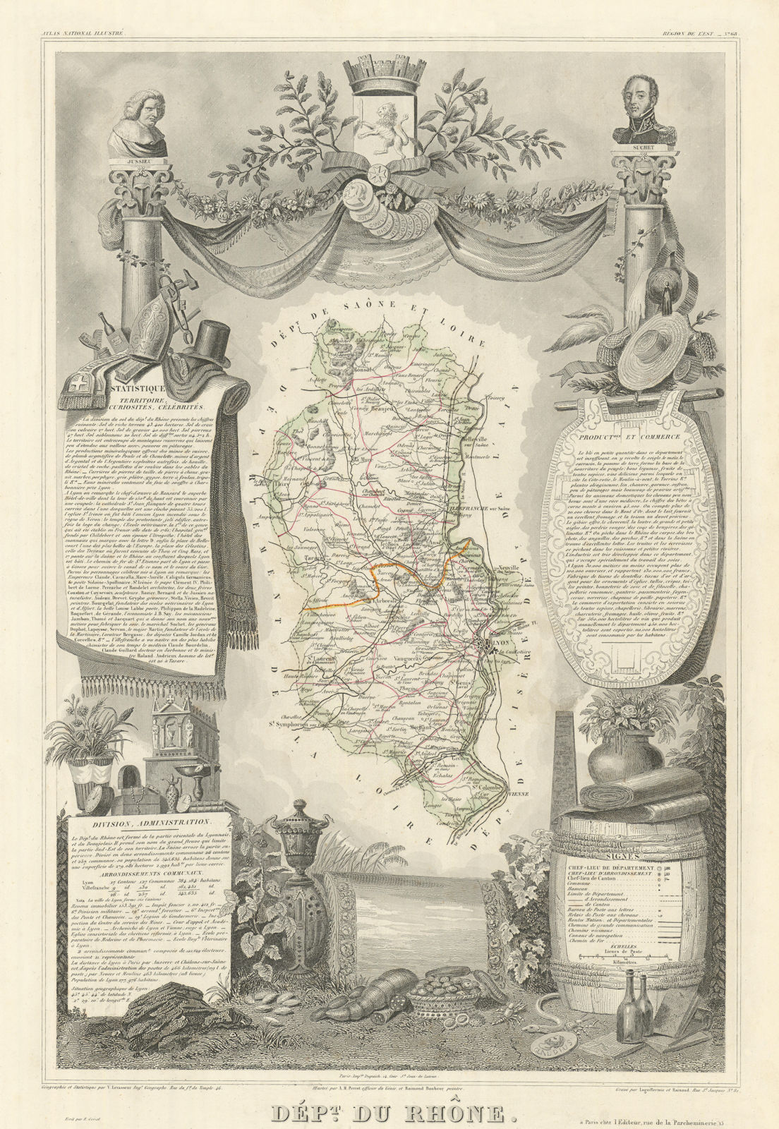Département du RHÔNE. Decorative antique map/carte by Victor LEVASSEUR 1856
