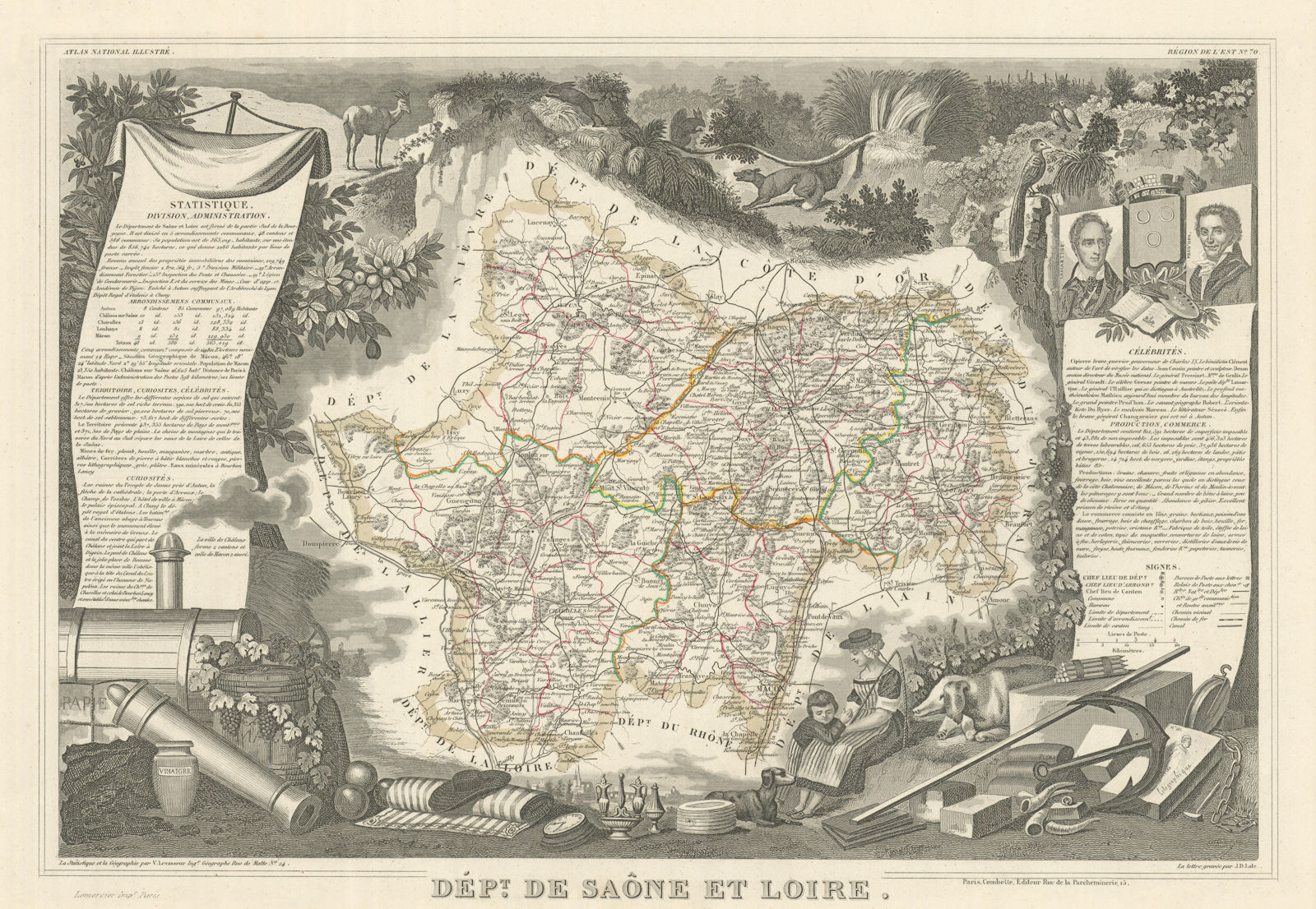 Département de SAÔNE-ET-LOIRE. Decorative antique map/carte. LEVASSEUR 1856
