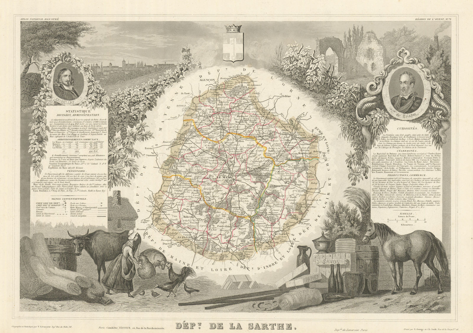 Département de la SARTHE. Decorative antique map/carte by Victor LEVASSEUR 1856