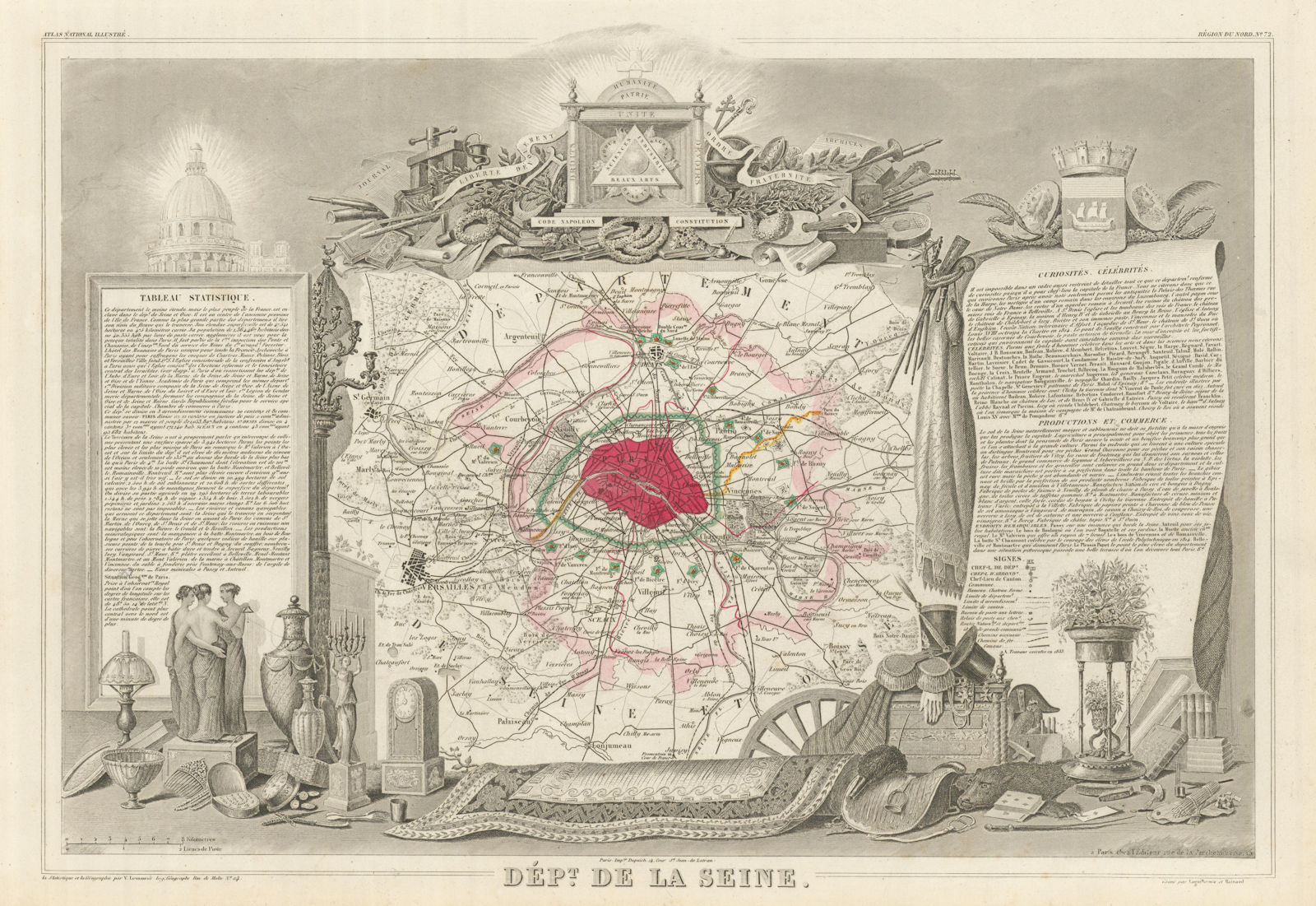 Département de la SEINE. Decorative antique map/carte by Victor LEVASSEUR 1856
