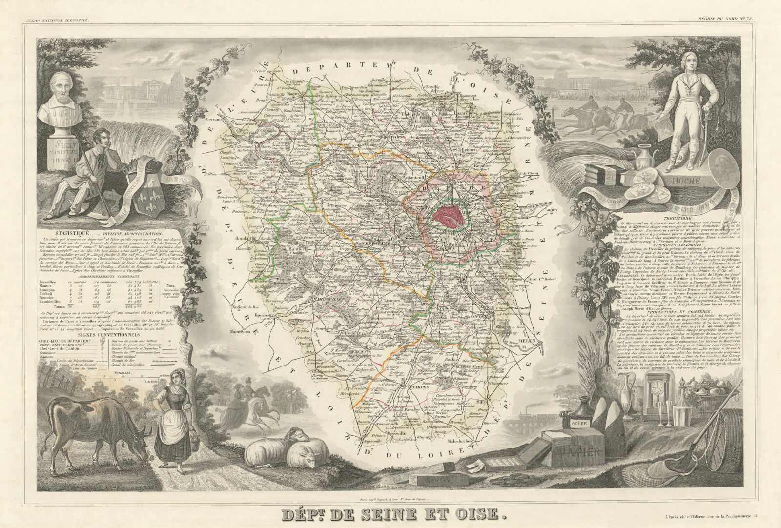 Département de SEINE-ET-OISE. Decorative antique map/carte. LEVASSEUR 1856