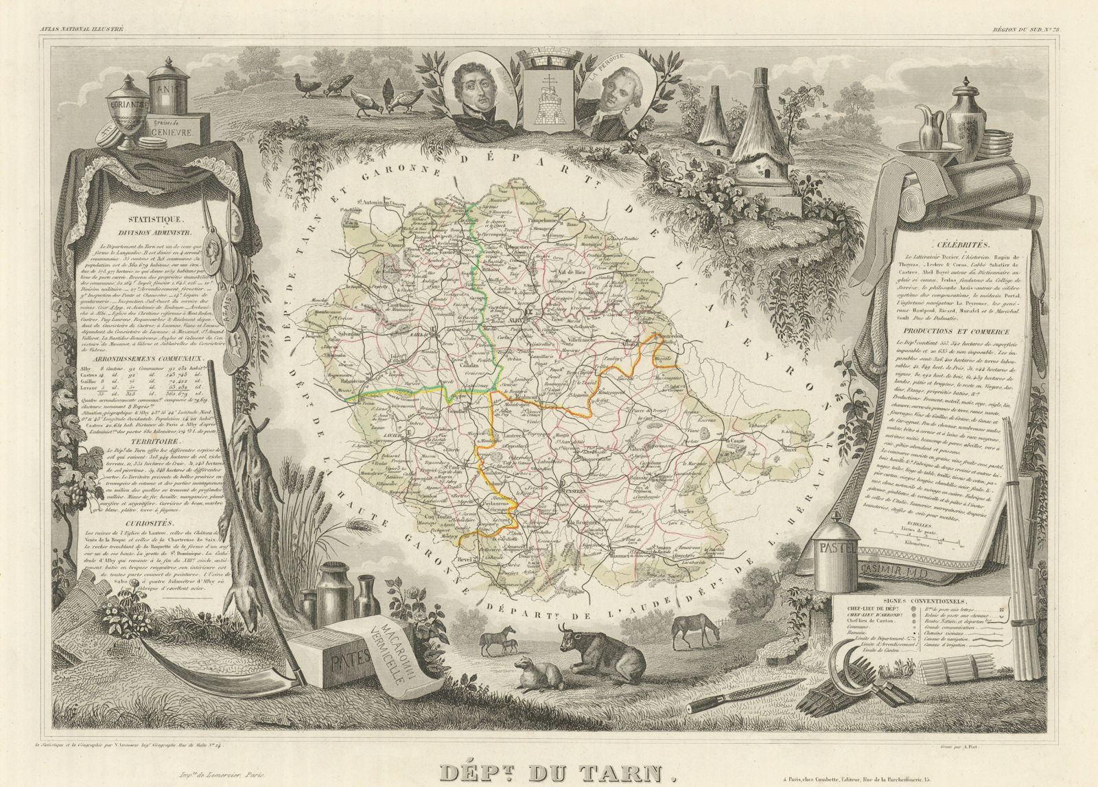 Département du TARN. Decorative antique map/carte by Victor LEVASSEUR 1856