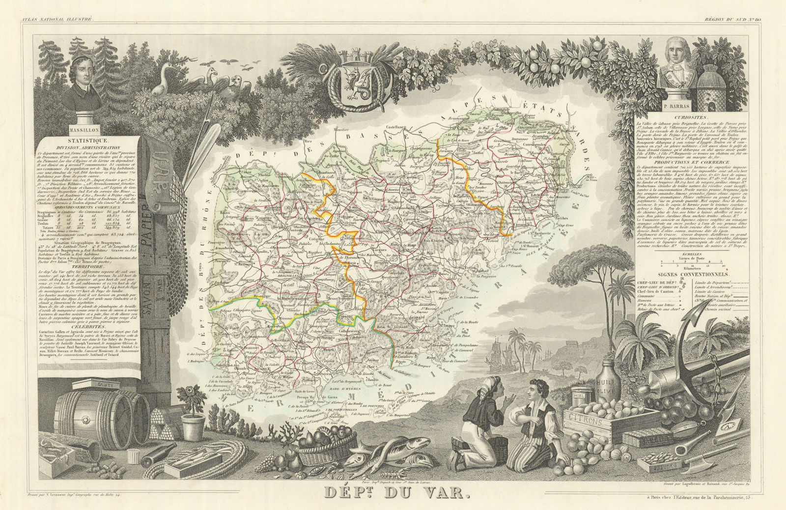 Département du VAR. Decorative antique map/carte by Victor LEVASSEUR 1856