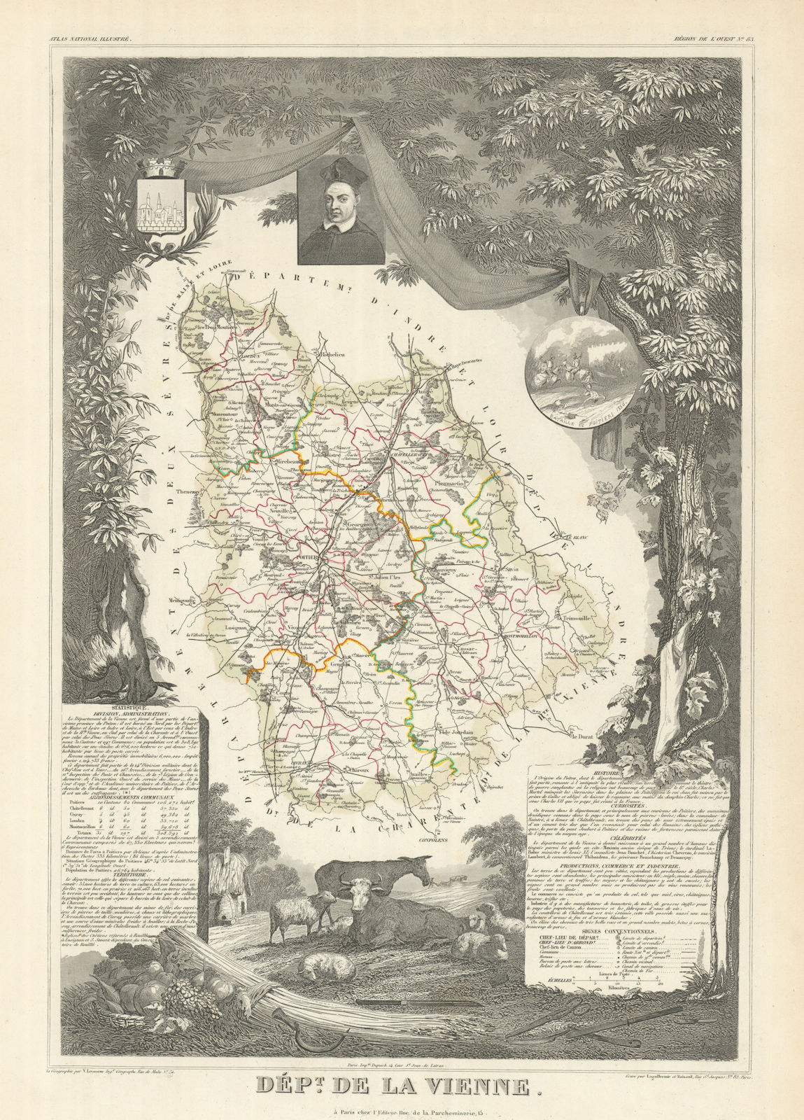 Département de la VIENNE. Decorative antique map/carte by Victor LEVASSEUR 1856
