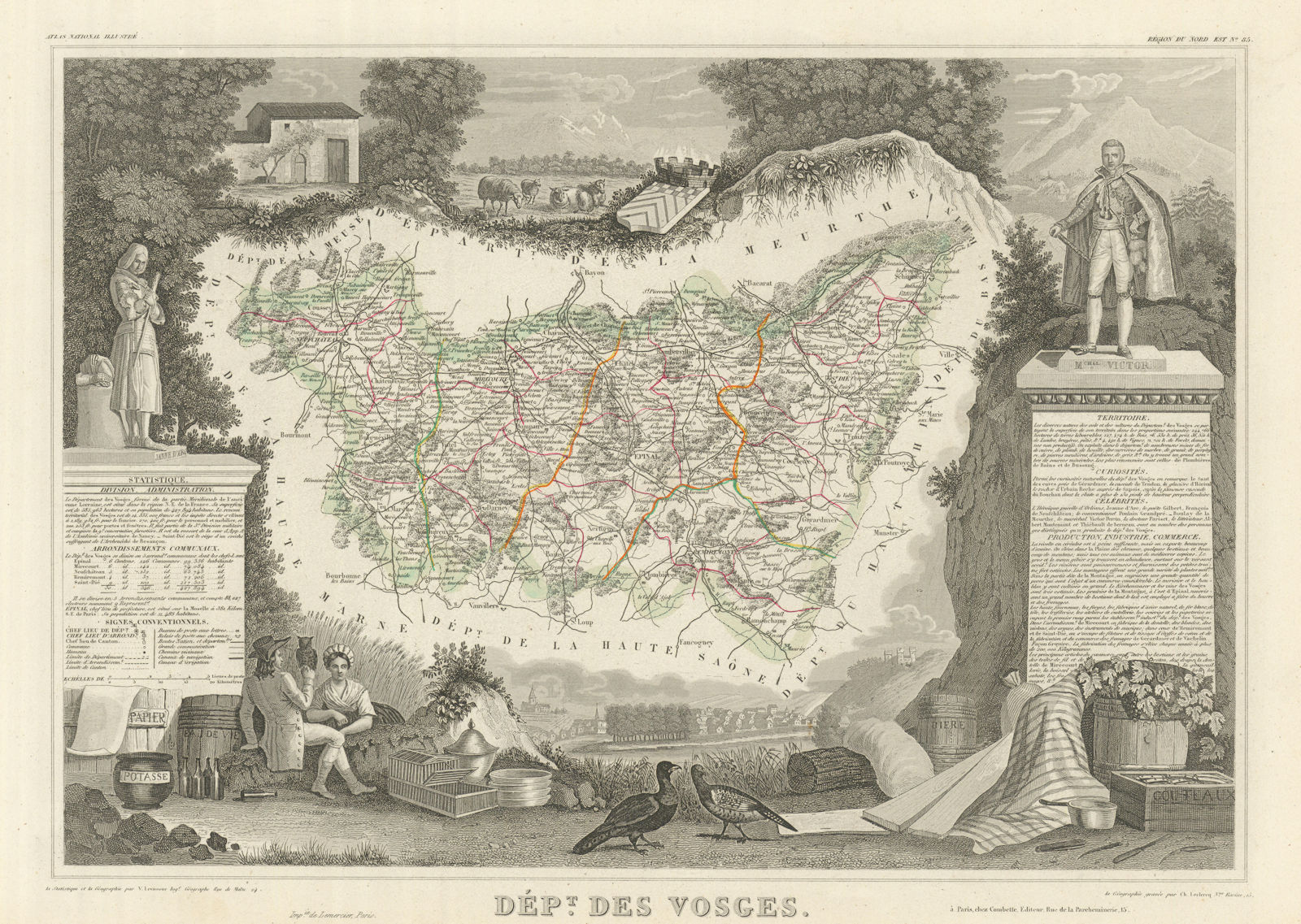 Département des VOSGES. Decorative antique map/carte by Victor LEVASSEUR 1856