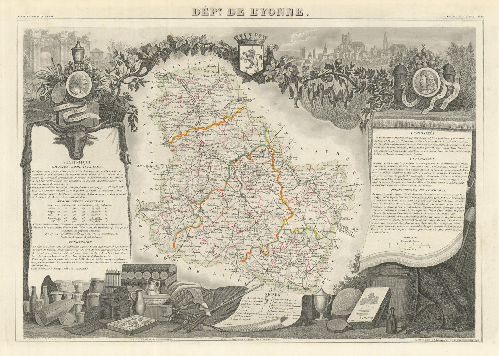 Département de l'YONNE. Decorative antique map/carte by Victor LEVASSEUR 1856