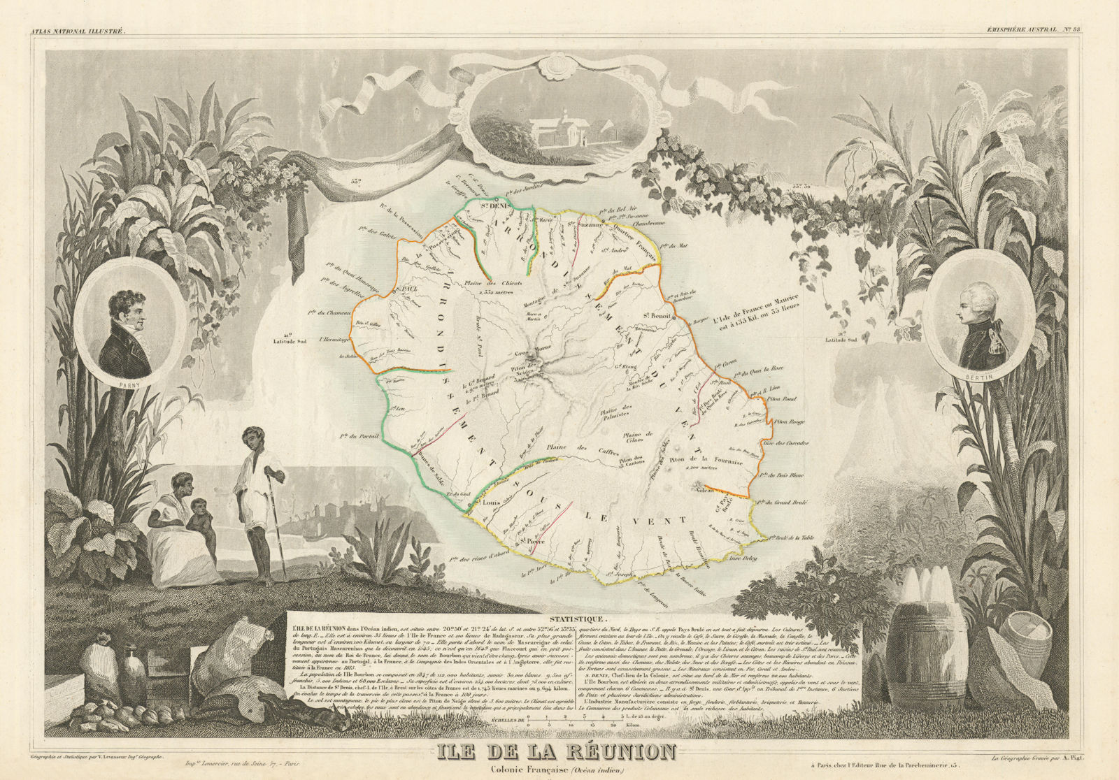 ILE DE LA RÉUNION. Indian Ocean. Decorative antique map/carte. LEVASSEUR 1856