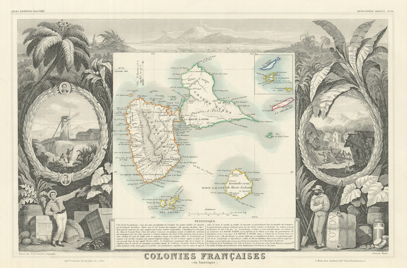 COLONIES FRANÇAISES EN AMÉRIQUE. Caribbean  Guadeloupe. LEVASSEUR 1856 old map