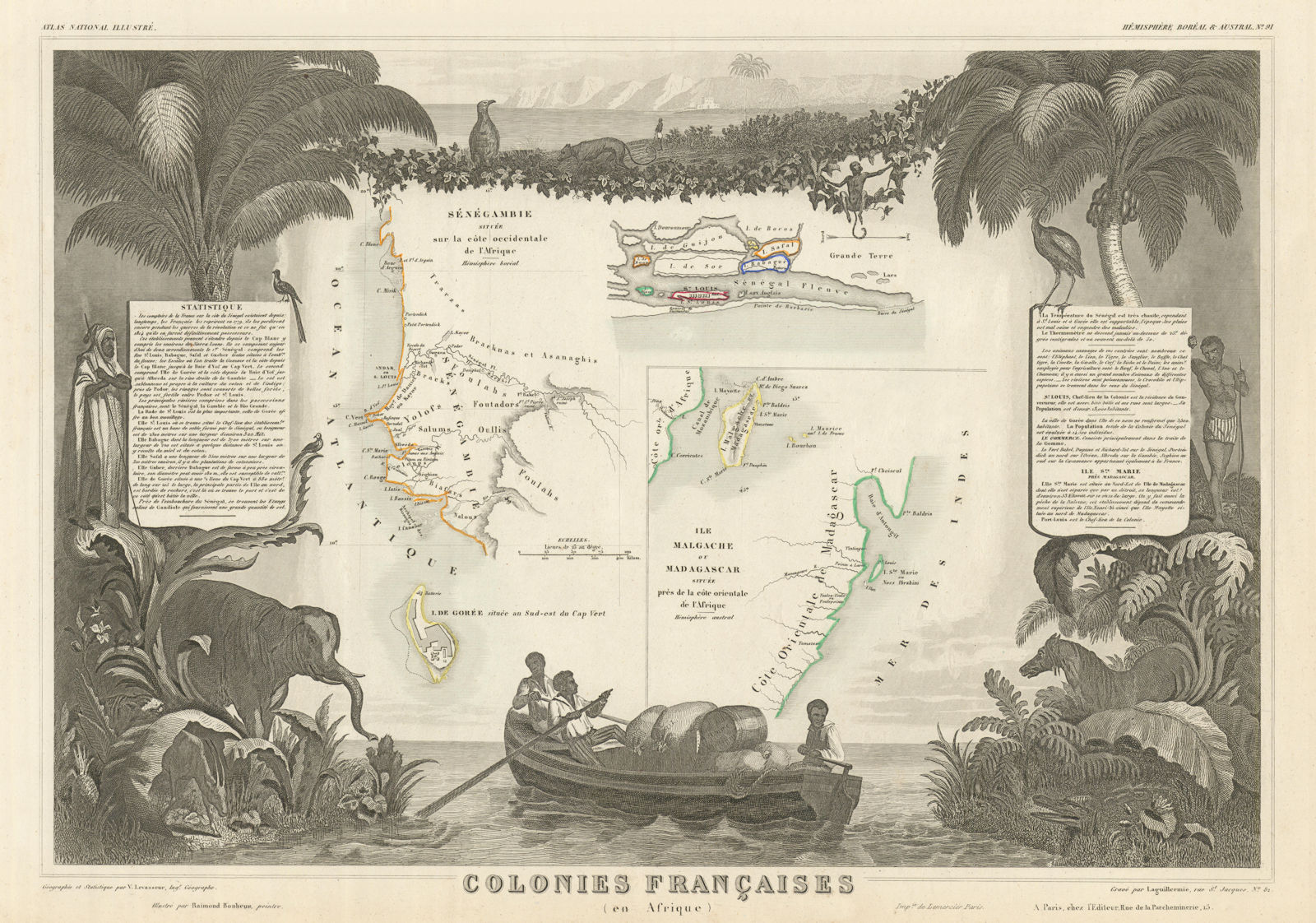 COLONIES FRANÇAISES AFRIQUE. Africa Sénégambie Madagascar. LEVASSEUR 1856 map