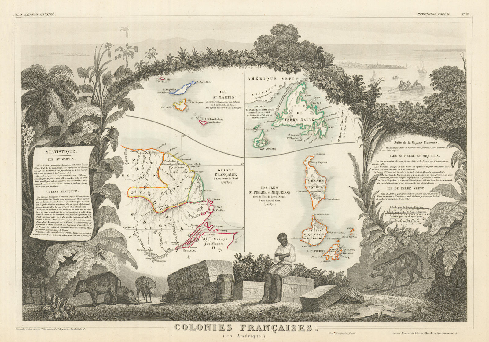 COLONIES FRANÇAISES AMÉRIQUE. Guyane Newfoundland Miquelon. LEVASSEUR 1856 map