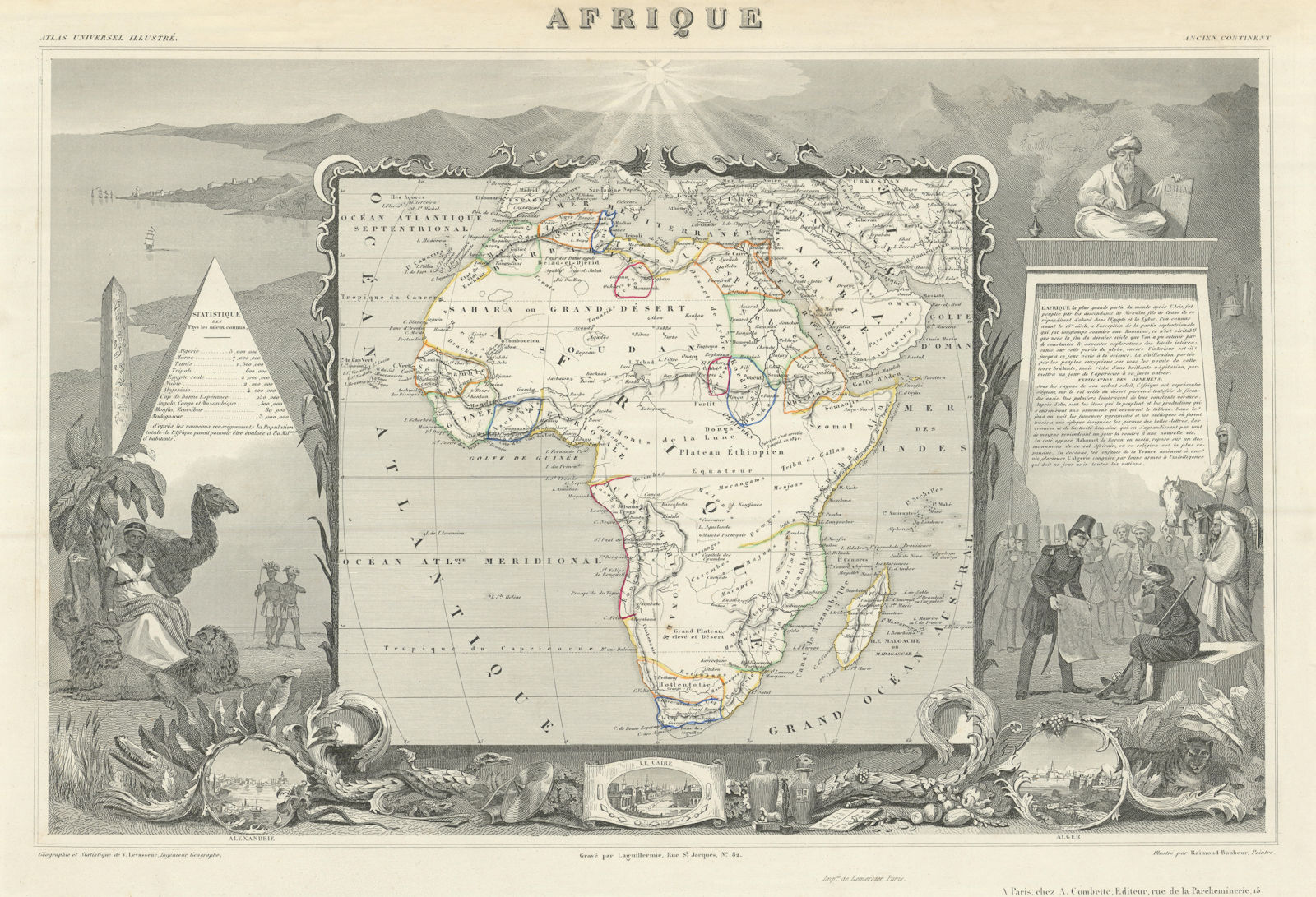 AFRIQUE. Africa. Decorative antique map/carte by Victor LEVASSEUR 1856 old