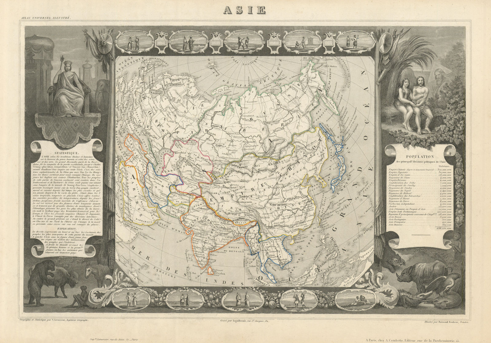 ASIE. Asia. Decorative antique map/carte by Victor LEVASSEUR 1856 old