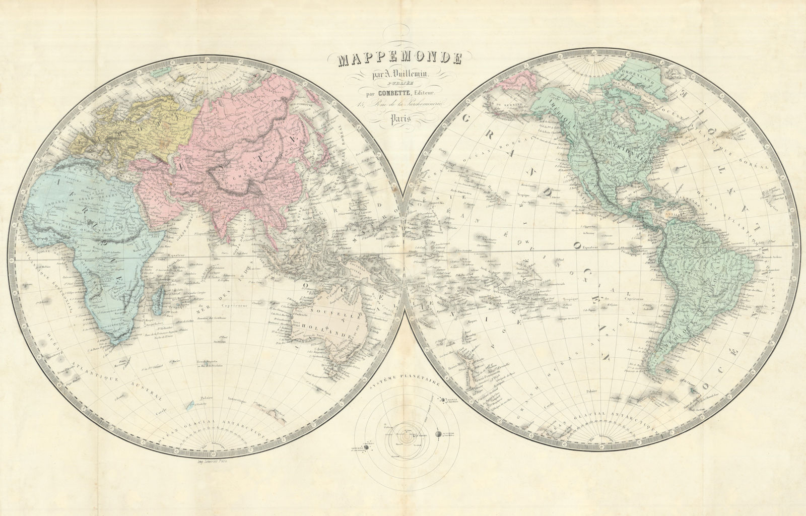 MAPPEMONDE par A. Vuillemin. Decorative World map in Hemispheres 1856 old