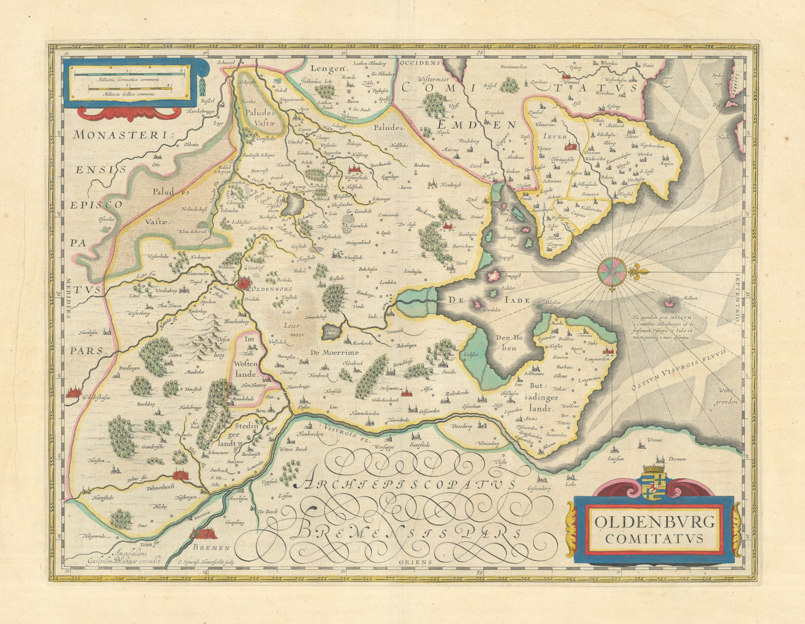 Oldenburg Comitatus. County of Oldenburg by Blaeu. Lower Saxony 1645 map