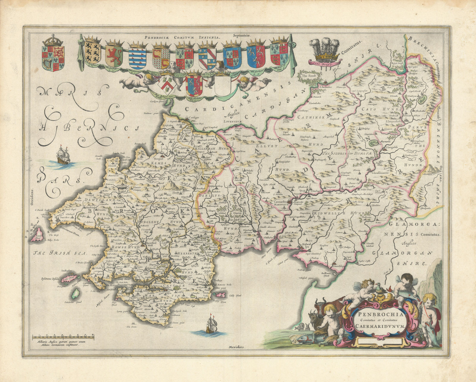 Penbrochia Comitatus &... Caermaridunum. Carmarthen/Pembrokeshire BLAEU 1645 map