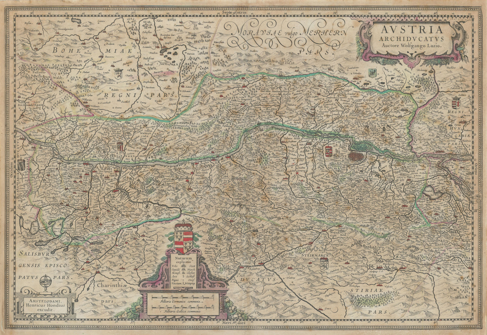 Austria Archiducatus auctore Wolfgango Lazio by Henricus Hondius c1636 old map
