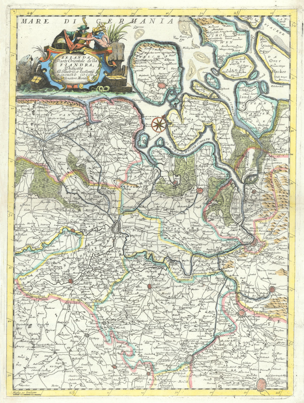 Zelanda, e parte orientale della Flandra. Flanders & Zeeland. CORONELLI 1696 map
