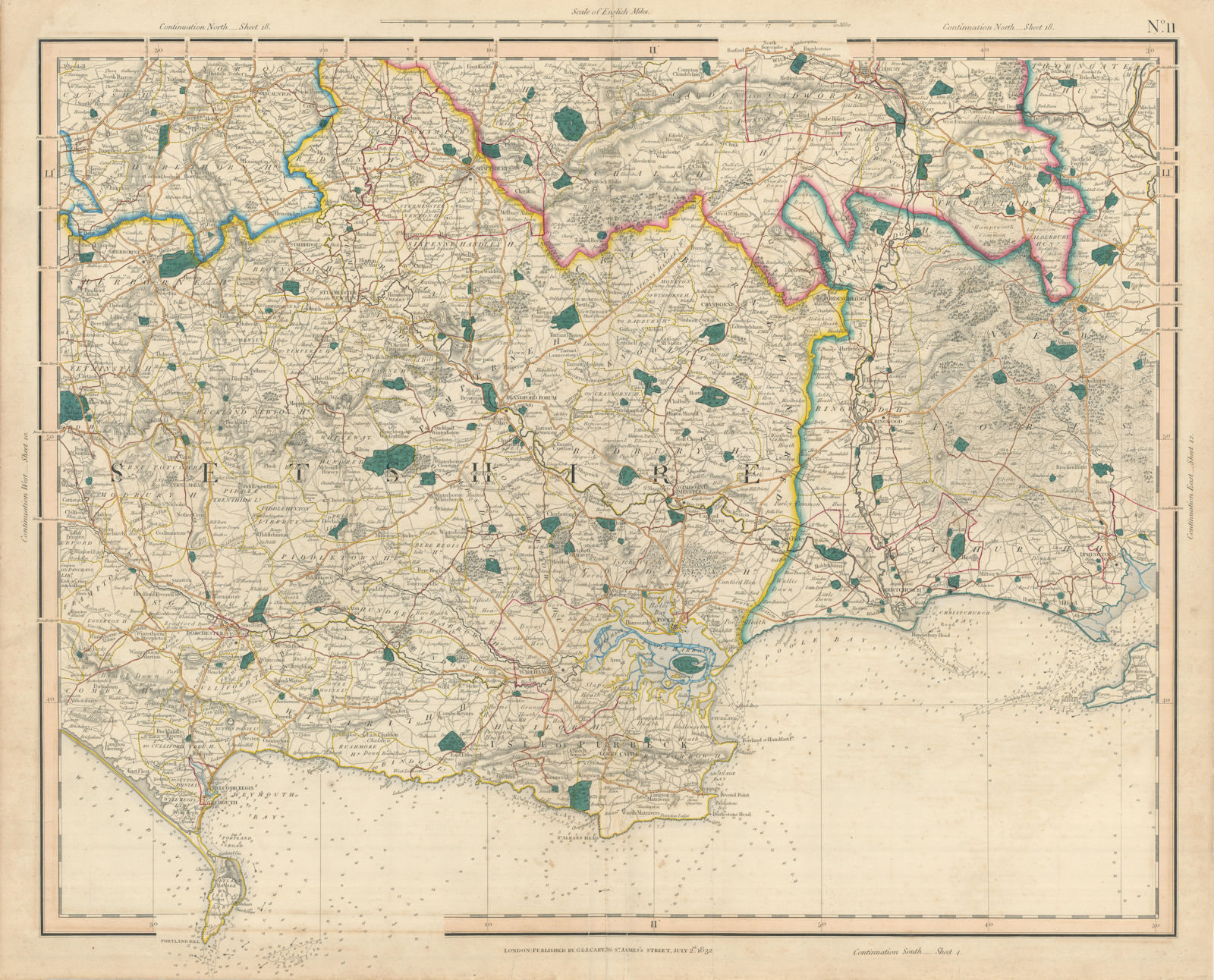 JURASSIC COAST, PORTLAND & PURBECK. Dorset Hampshire Wiltshire. CARY 1832 map