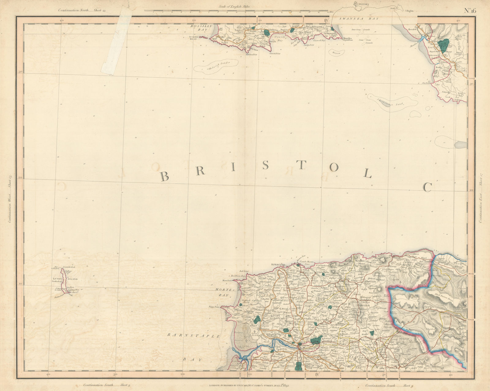 BRISTOL CHANNEL, GOWER & NORTH DEVON COASTS. Exmoor & Lundy Island CARY 1832 map