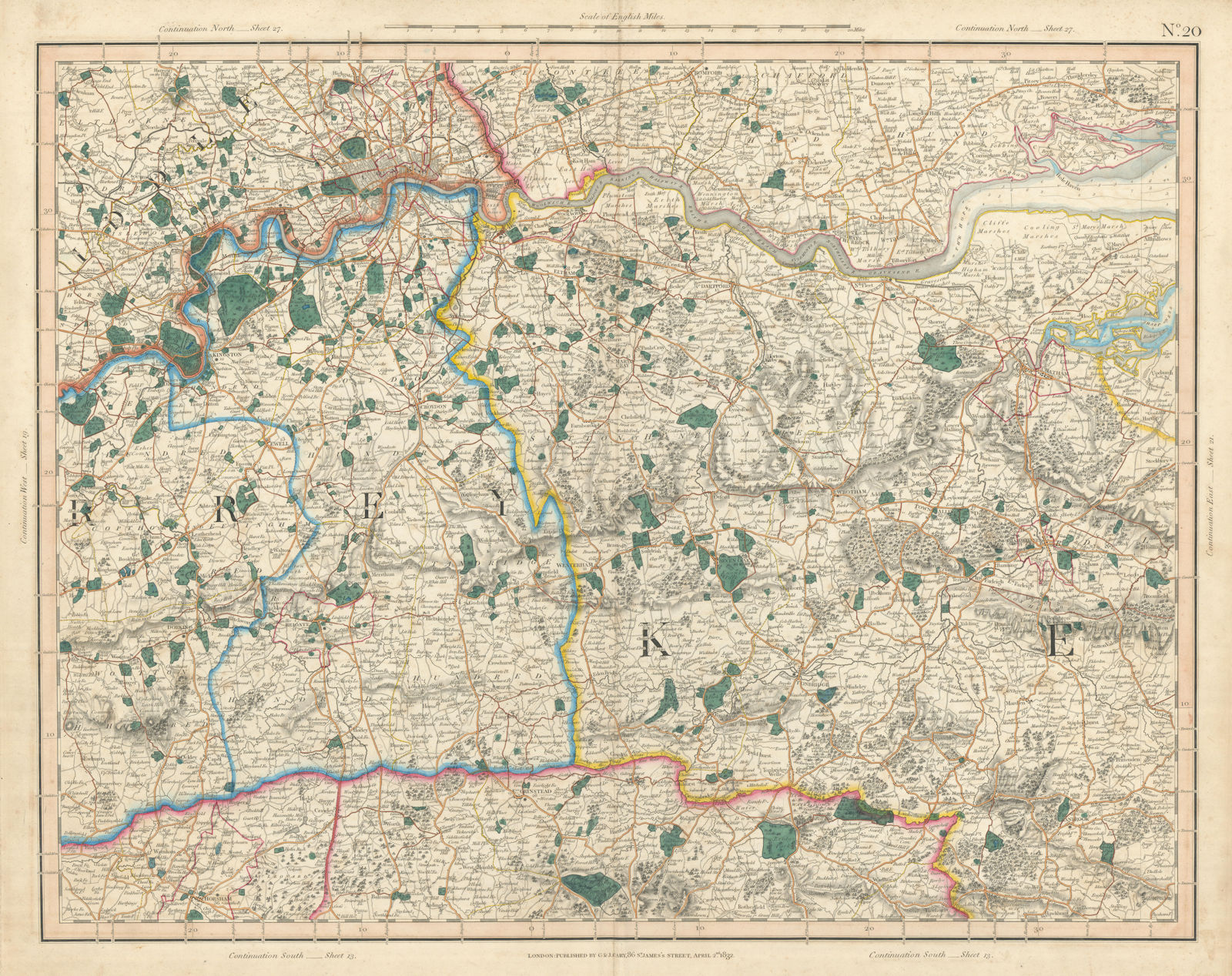 Associate Product LONDON, THAMES ESTUARY, NORTH DOWNS & HIGH WEALD. W Kent, E Surrey CARY 1832 map