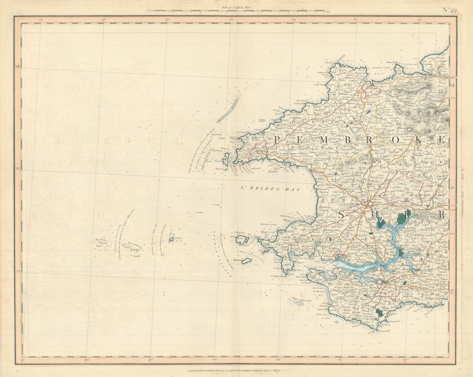 Associate Product PEMBROKESHIRE COAST. Milford Haven. St Bride's Bay. St David's. CARY 1832 map