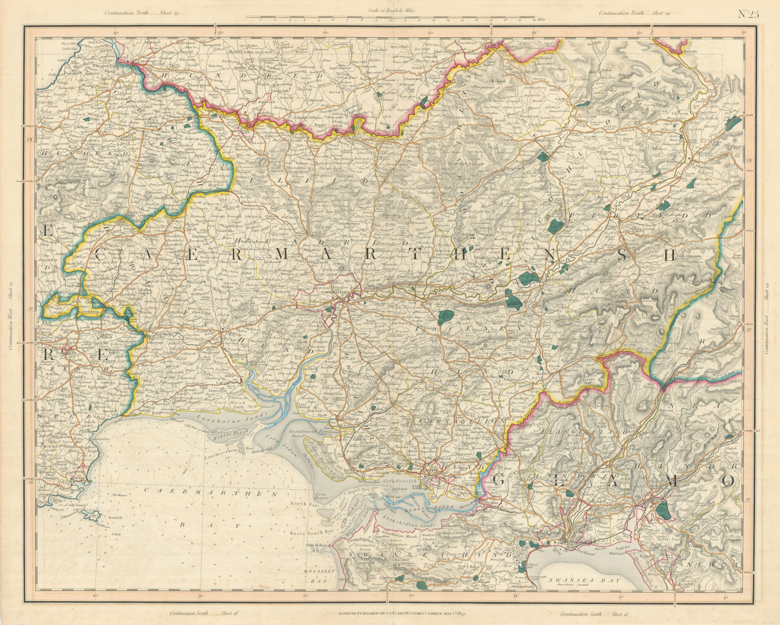 CARMARTHENSHIRE & GOWER PENINSULA. West Glamorganshire. CARY 1832 old map