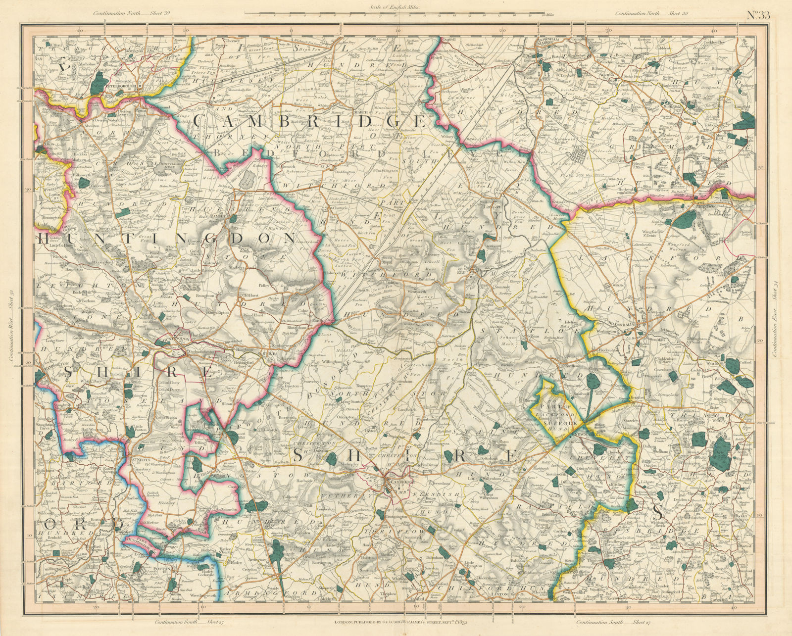 SOUTHERN FENS. Cambridgeshire Huntingdonshire W Suffolk SW Norfolk CARY 1832 map