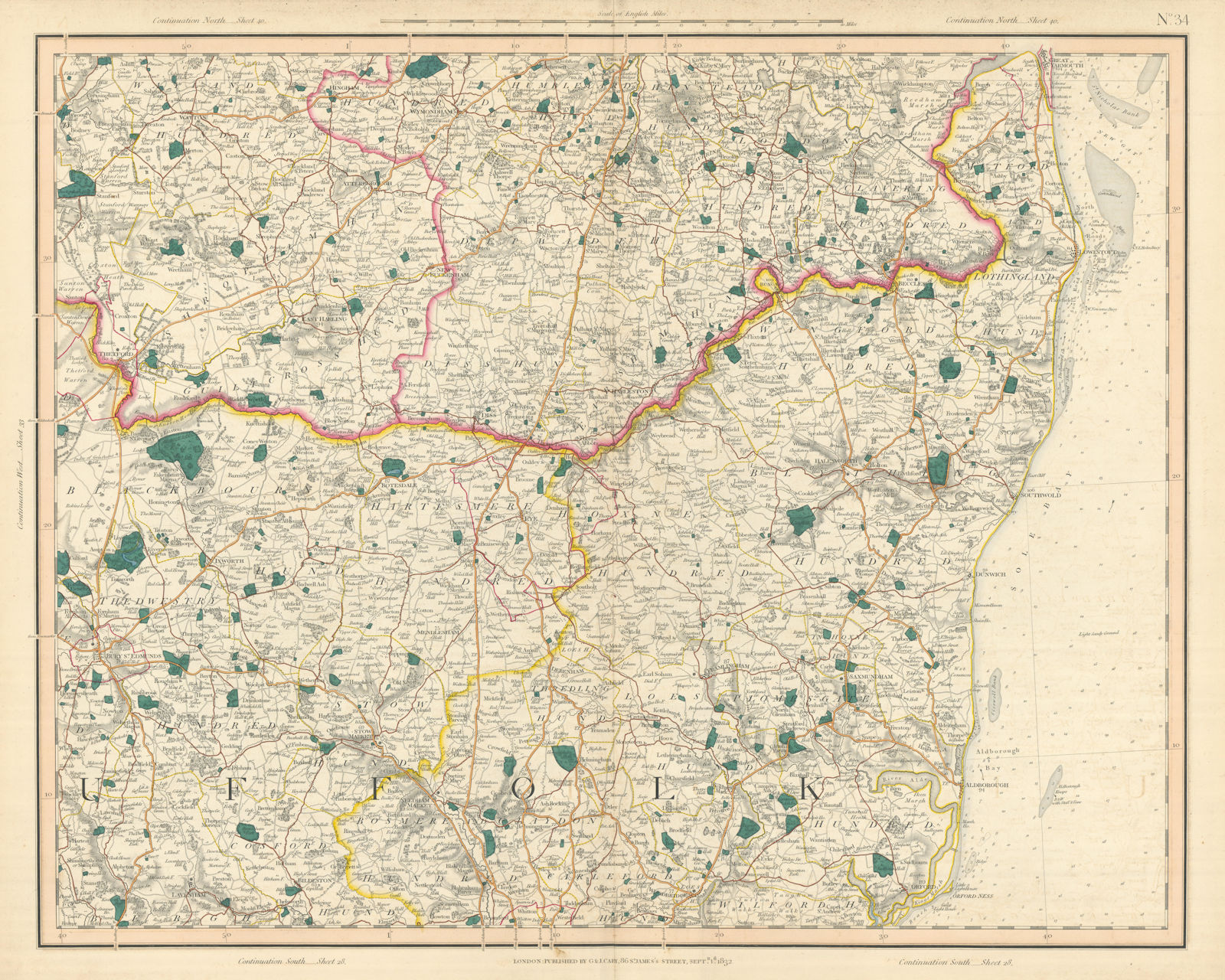 Associate Product SUFFOLK COAST & HEATHS. Southern Norfolk Broads. Deben Stowmarket. CARY 1832 map