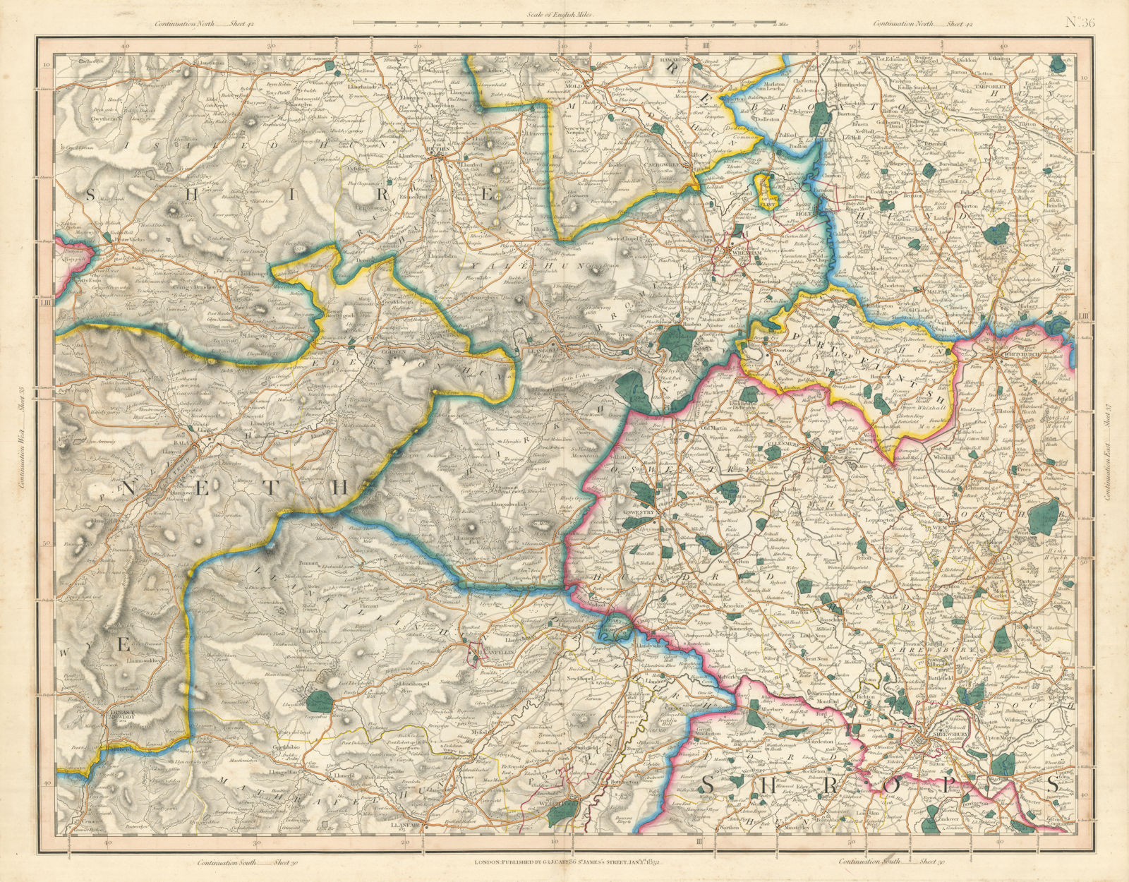 South Denbighshire, N Montgomeryshire, E Merionethshire, NW Shrops CARY 1832 map