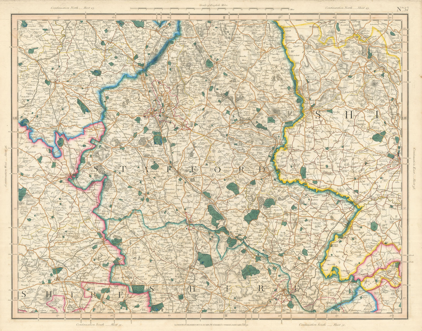 STAFFORDSHIRE, NE Shropshire, SE Cheshire, SW Derbyshire. CARY 1832 old map
