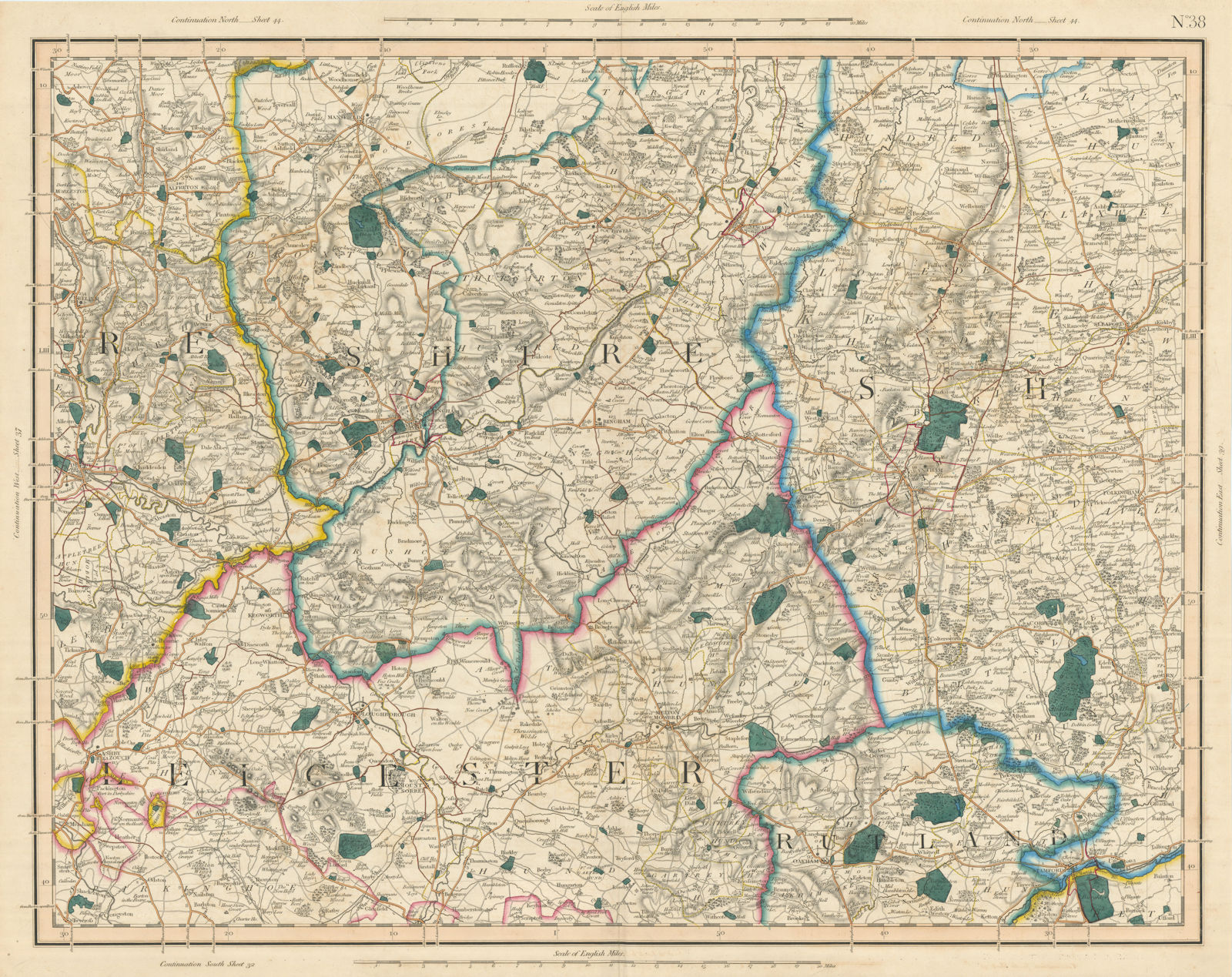 EAST MIDLANDS. Leicestershire Rutland Nottinghamshire Lincs Derbys CARY 1832 map