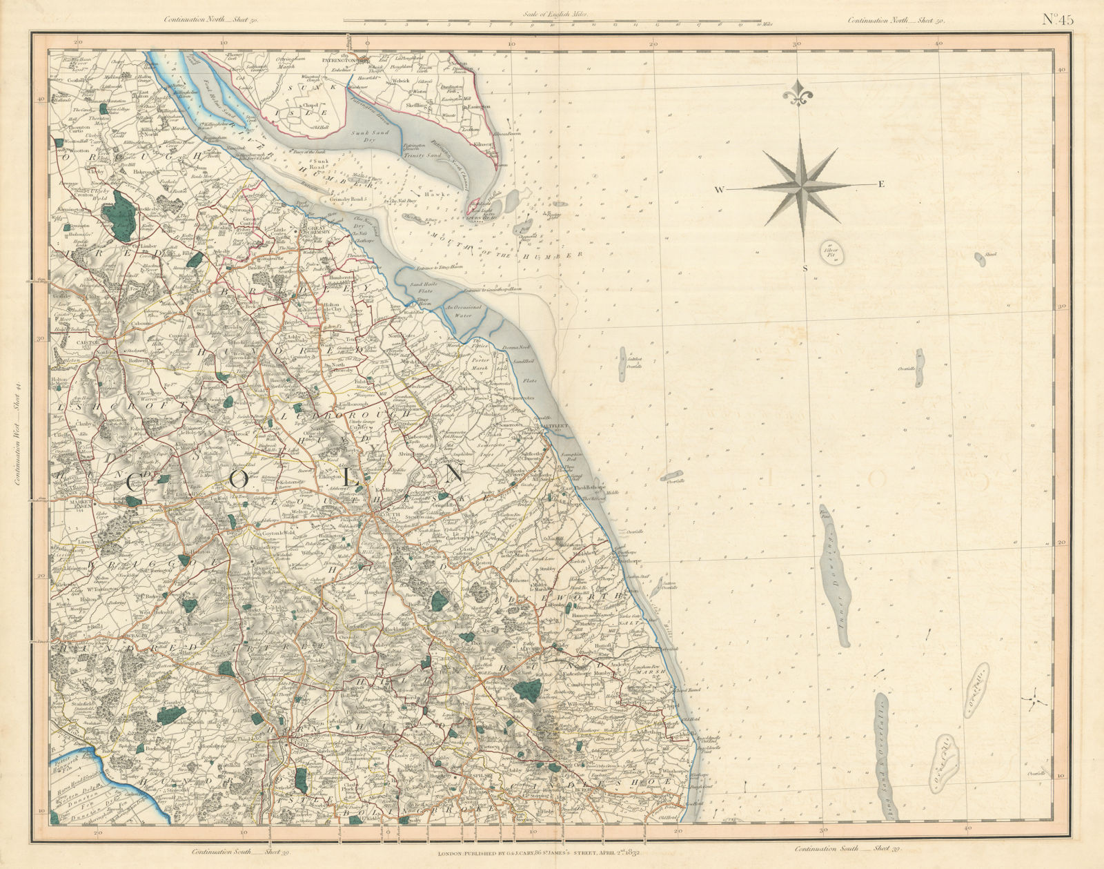 LINCOLNSHIRE WOLDS & COAST. Holderness & the Humber Estuary. CARY 1832 map