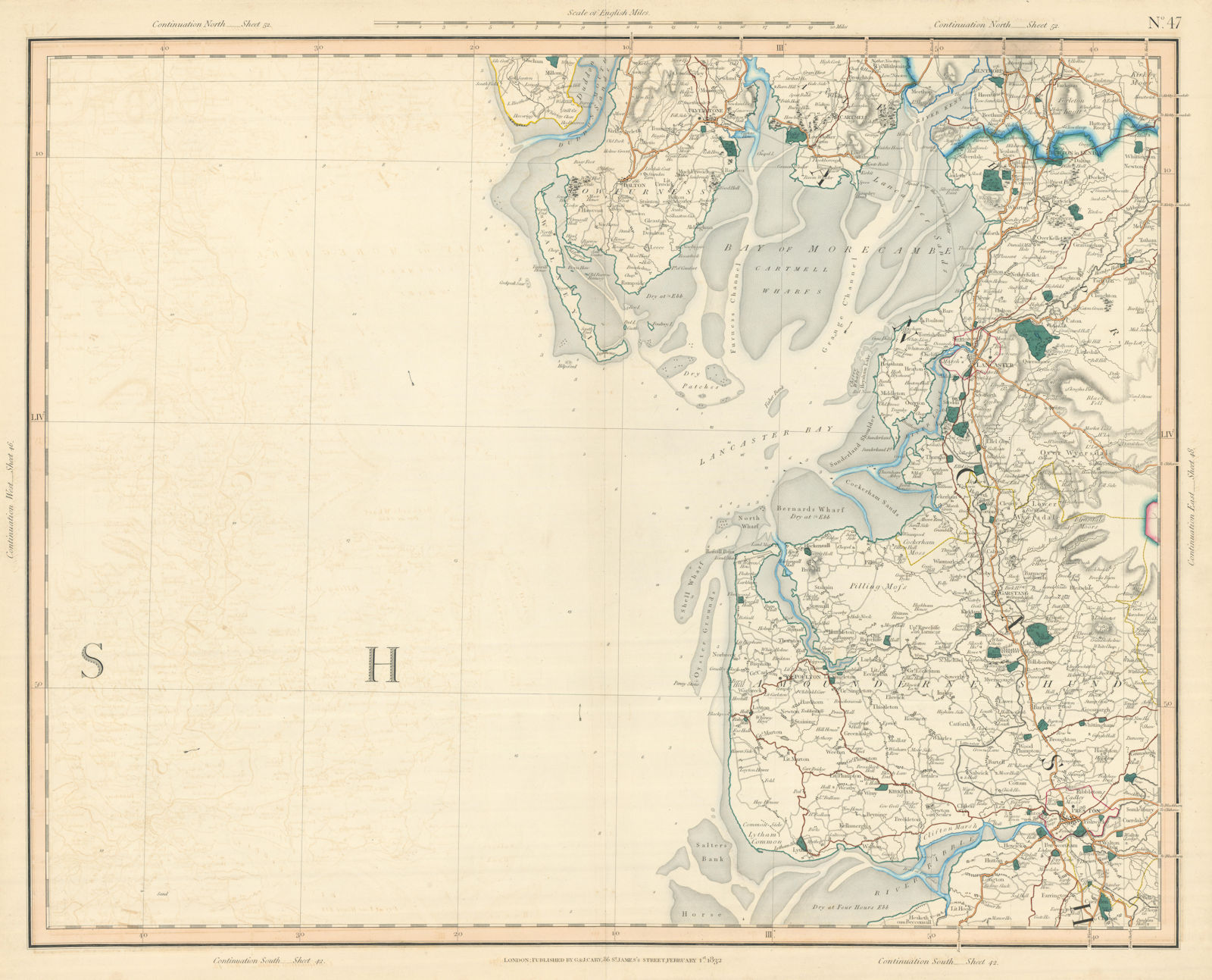 MORECAMBE BAY. North Lancashire, the Fylde, Ribble & Alt Estuaries CARY 1832 map
