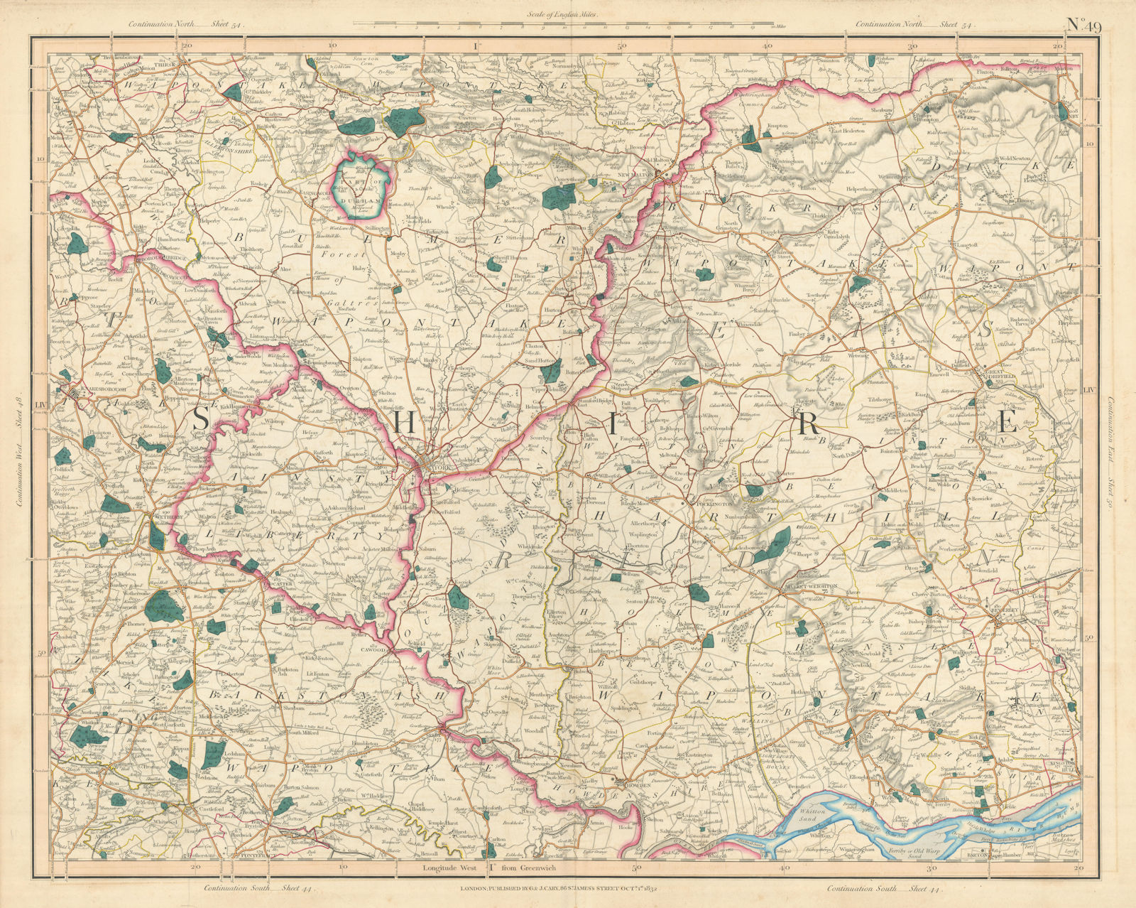 Associate Product THE YORKSHIRE WOLDS. York & Ainsty Liberty. CARY 1832 antique map chart