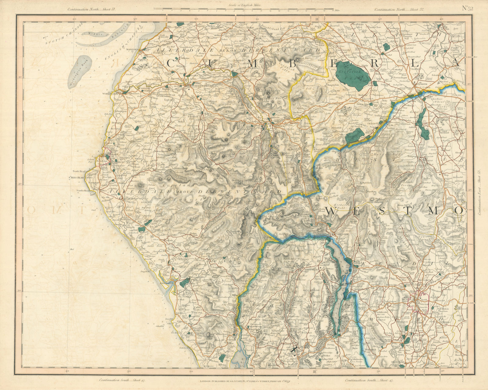 THE ENGLISH LAKE DISTRICT. Cumberland, Westmoreland & Lancashire. CARY 1832 map