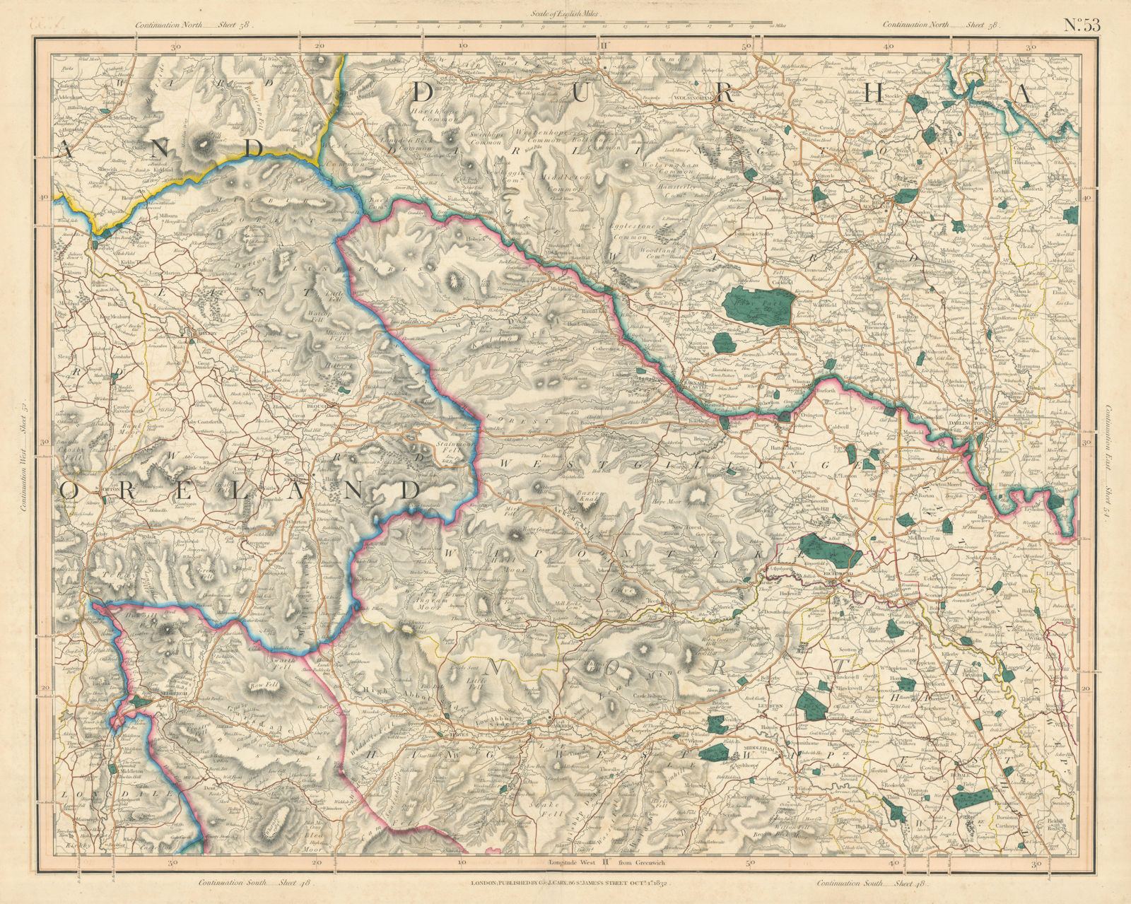 Associate Product YORKSHIRE DALES, North Riding. Westmoreland, SE Durham. Richmond. CARY 1832 map