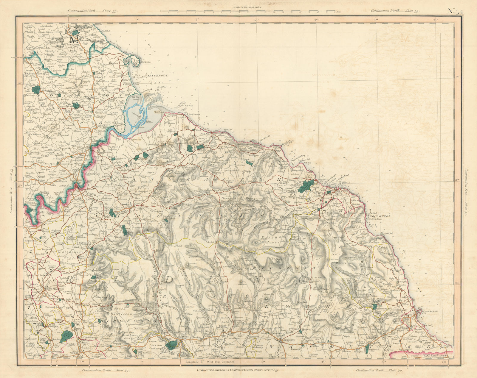 TEESIDE & NORTH YORK MOORS. SE County Durham, North Yorkshire. CARY 1832 map