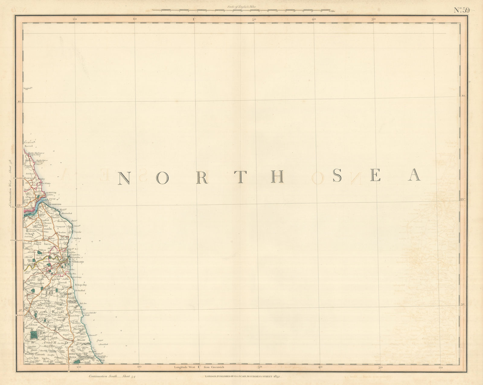 TYNESIDE & WEARSIDE. Tynemouth, Sunderland & Durham Coast. CARY 1832 old map