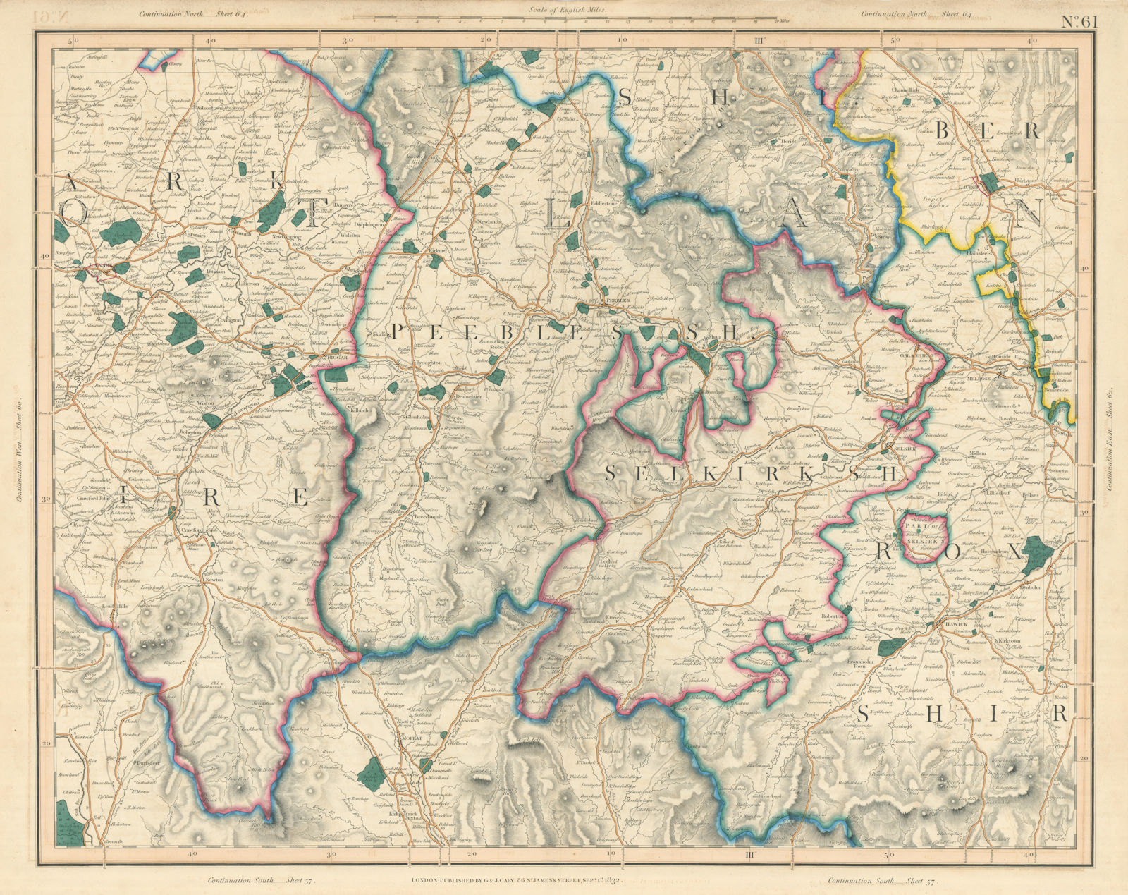 SCOTTISH BORDERS. Peebles-shire & Selkirkshire, East Lanarkshire. CARY 1832 map