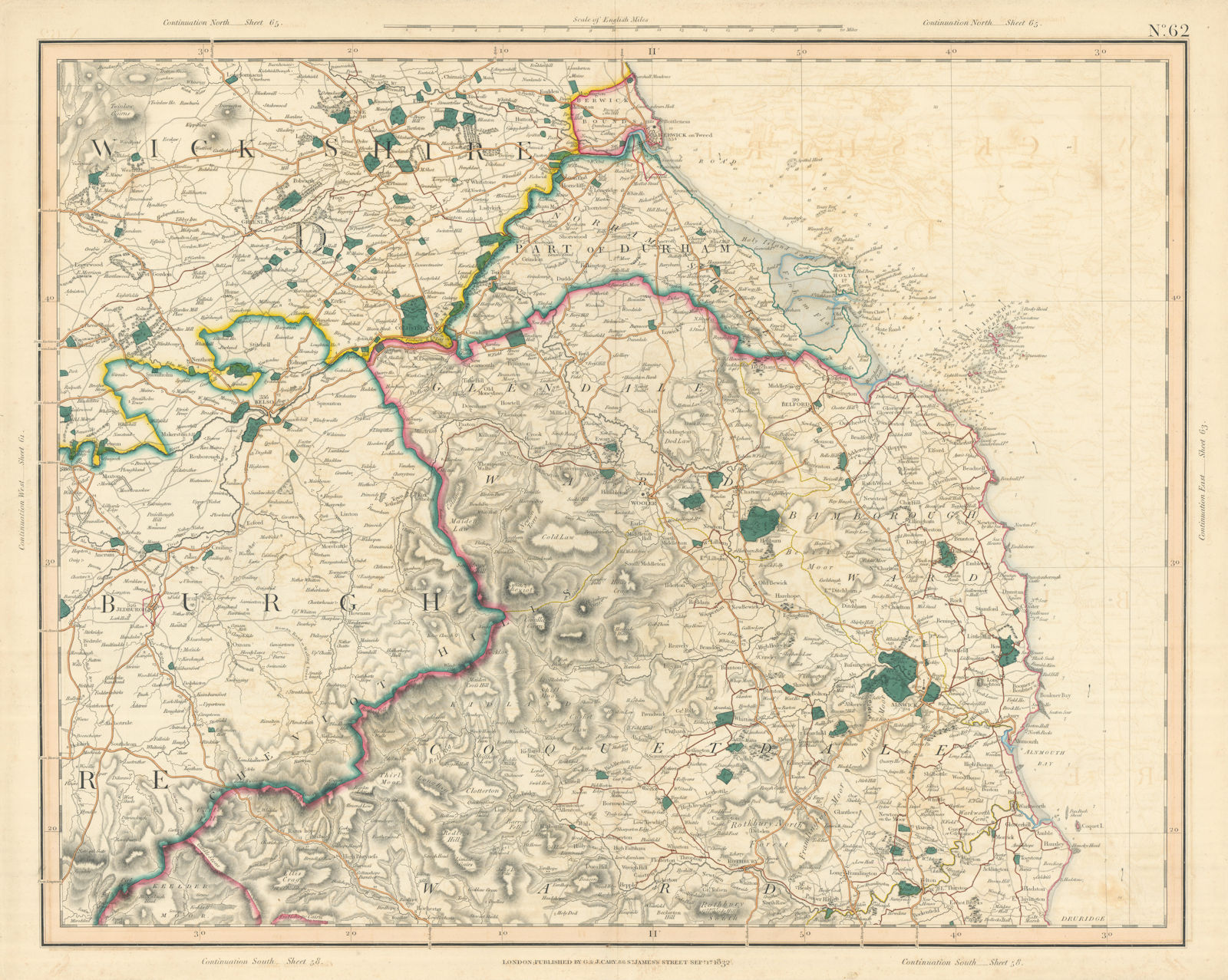 SCOTTISH BORDERS, CHEVIOT HILLS, NORTHUMBERLAND COAST Berwickshire CARY 1832 map