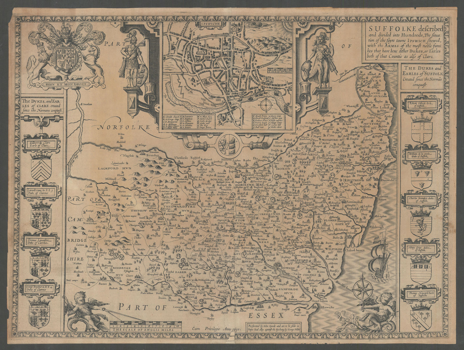 Associate Product Suffolke described. Suffolk county map by John Speed. George Humble edition 1611