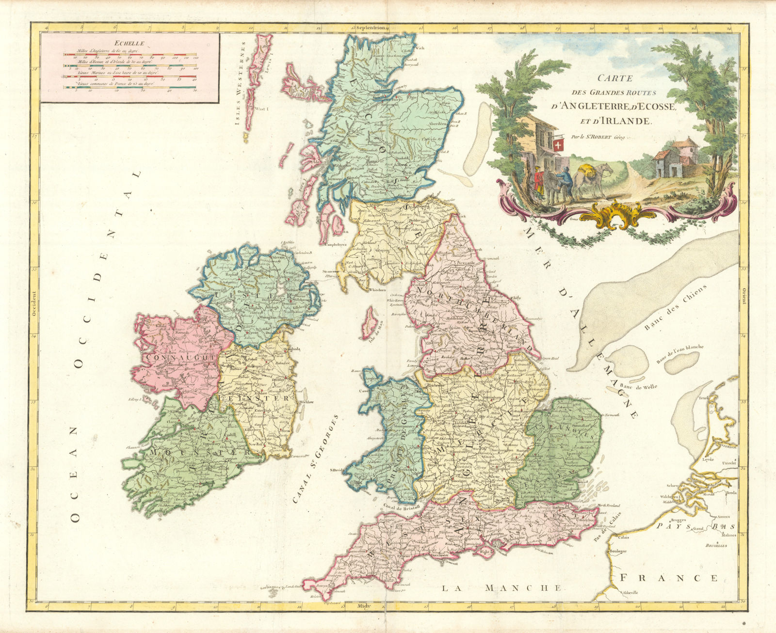 Grandes routes d'Angleterre, d'Ecosse & Irlande. British Isles VAUGONDY 1757 map