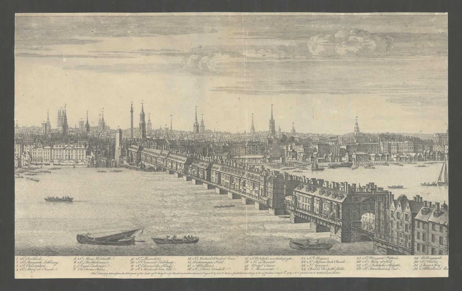 Part Panorama of the City & London Bridge. 53x33cm. Samuel & Nathaniel Buck 1749