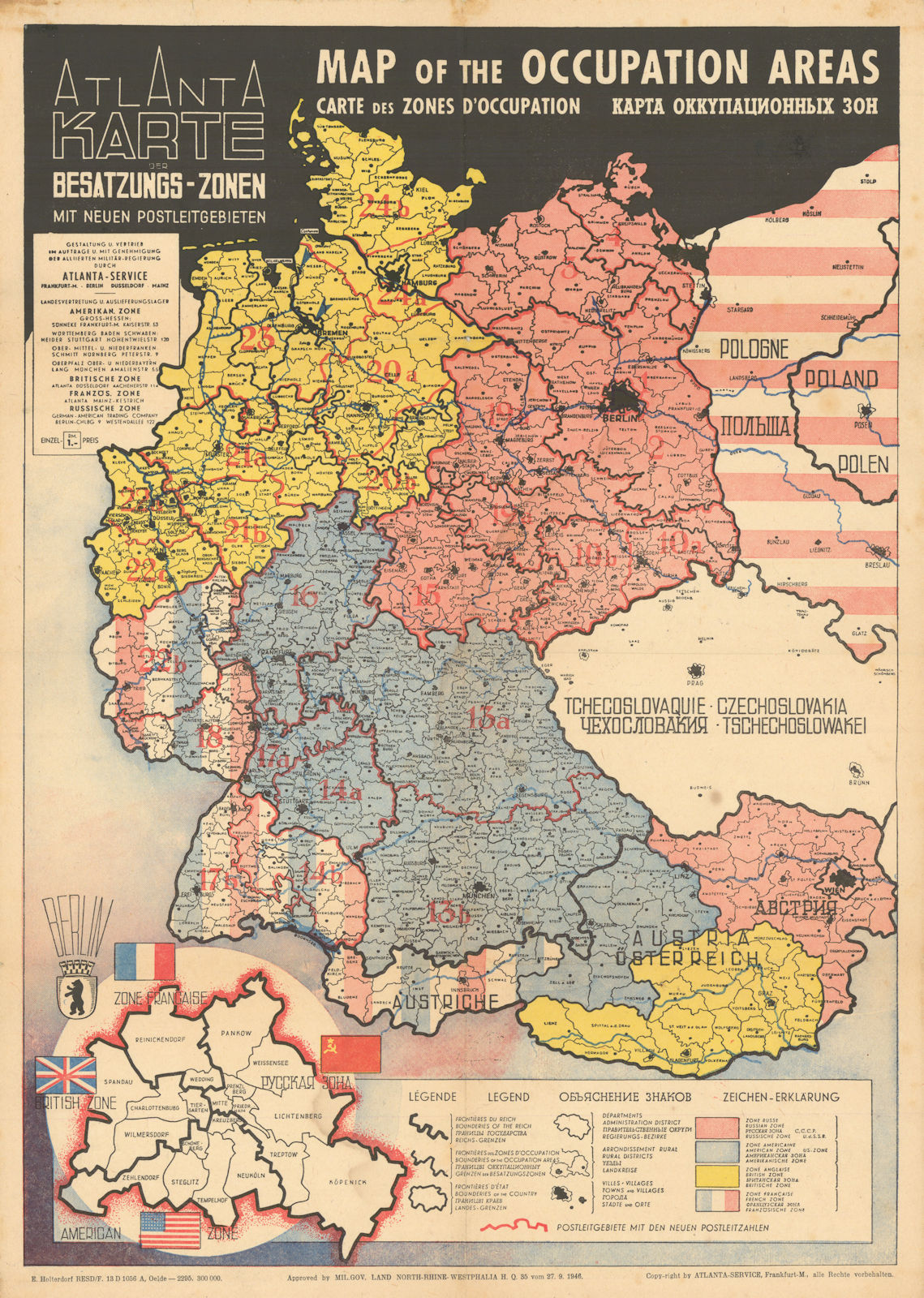 Atlanta Karte der Besatzungs-Zonen. Map of the Occupation Areas of Germany 1946